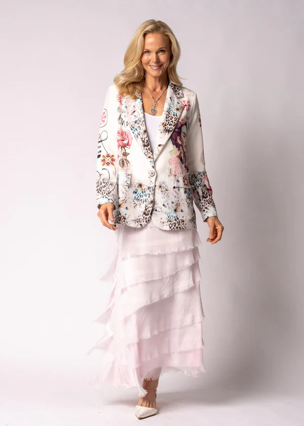Aeris Jacket in Blush, featuring a tailored silhouette with full-length sleeves, striking animal print artwork on the front, and a vibrant scenic print on the back. Crafted from a soft polyfibre blend with a fully lined interior and faux front pockets for a polished, contemporary finish.