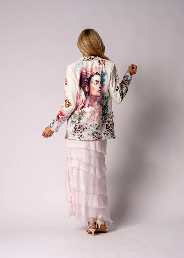 Aeris Jacket in Blush, featuring a tailored silhouette with full-length sleeves, striking animal print artwork on the front, and a vibrant scenic print on the back. Crafted from a soft polyfibre blend with a fully lined interior and faux front pockets for a polished, contemporary finish.