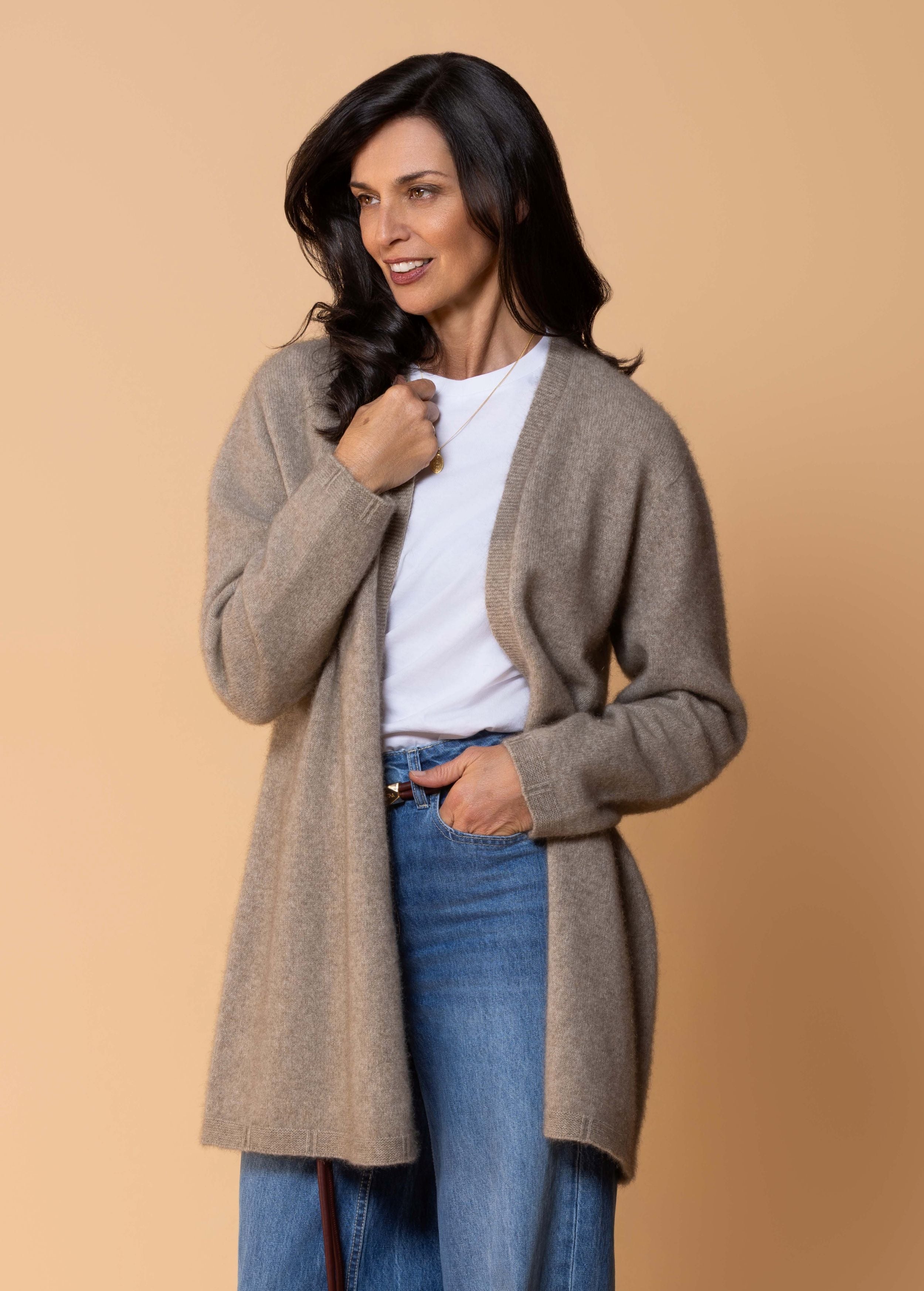 Longline cardigan in possum merino blend with soft drape and elegant silhouette in oyster beige shade