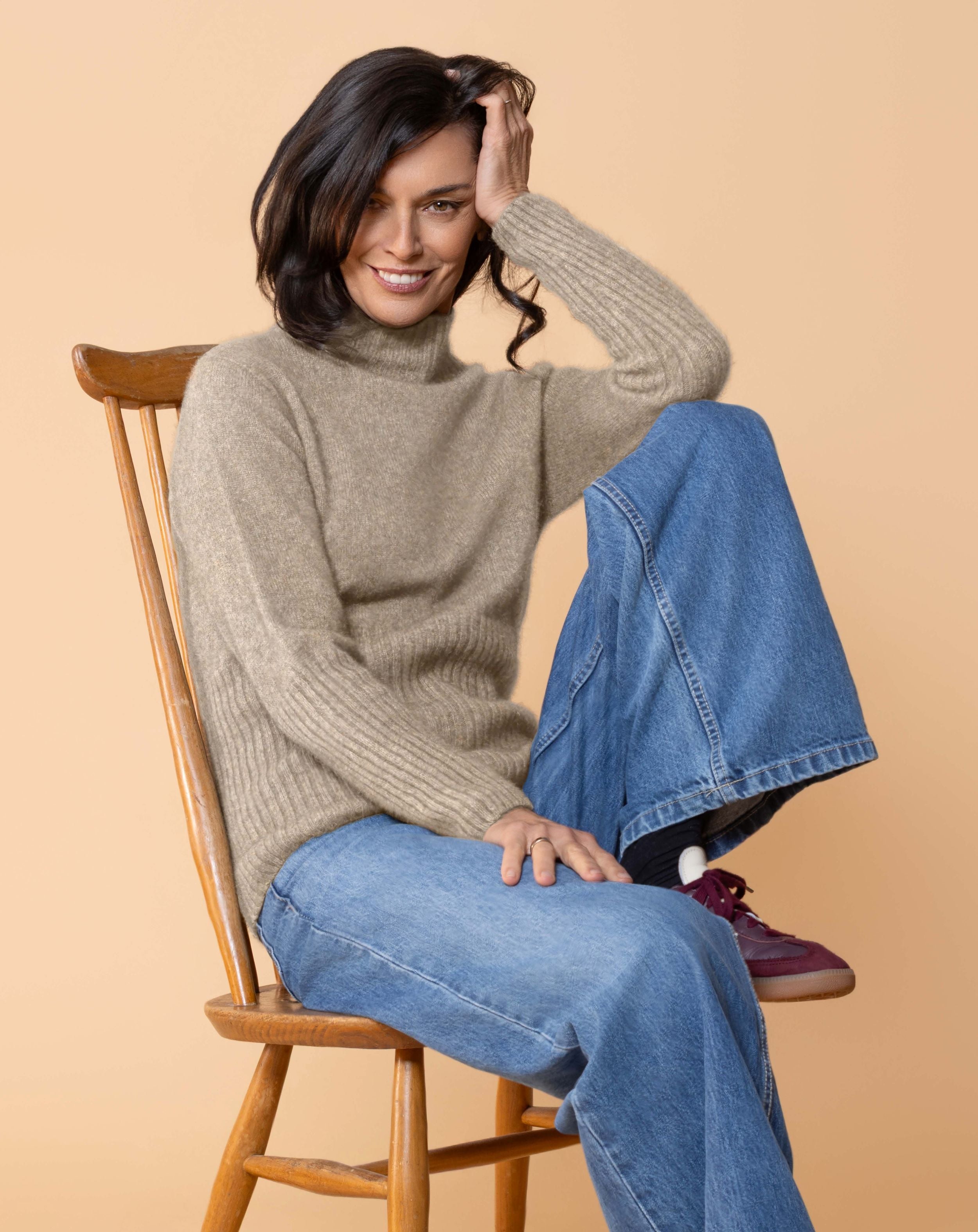 Ribbed turtle neck sweater in soft possum merino blend with fitted silhouette
