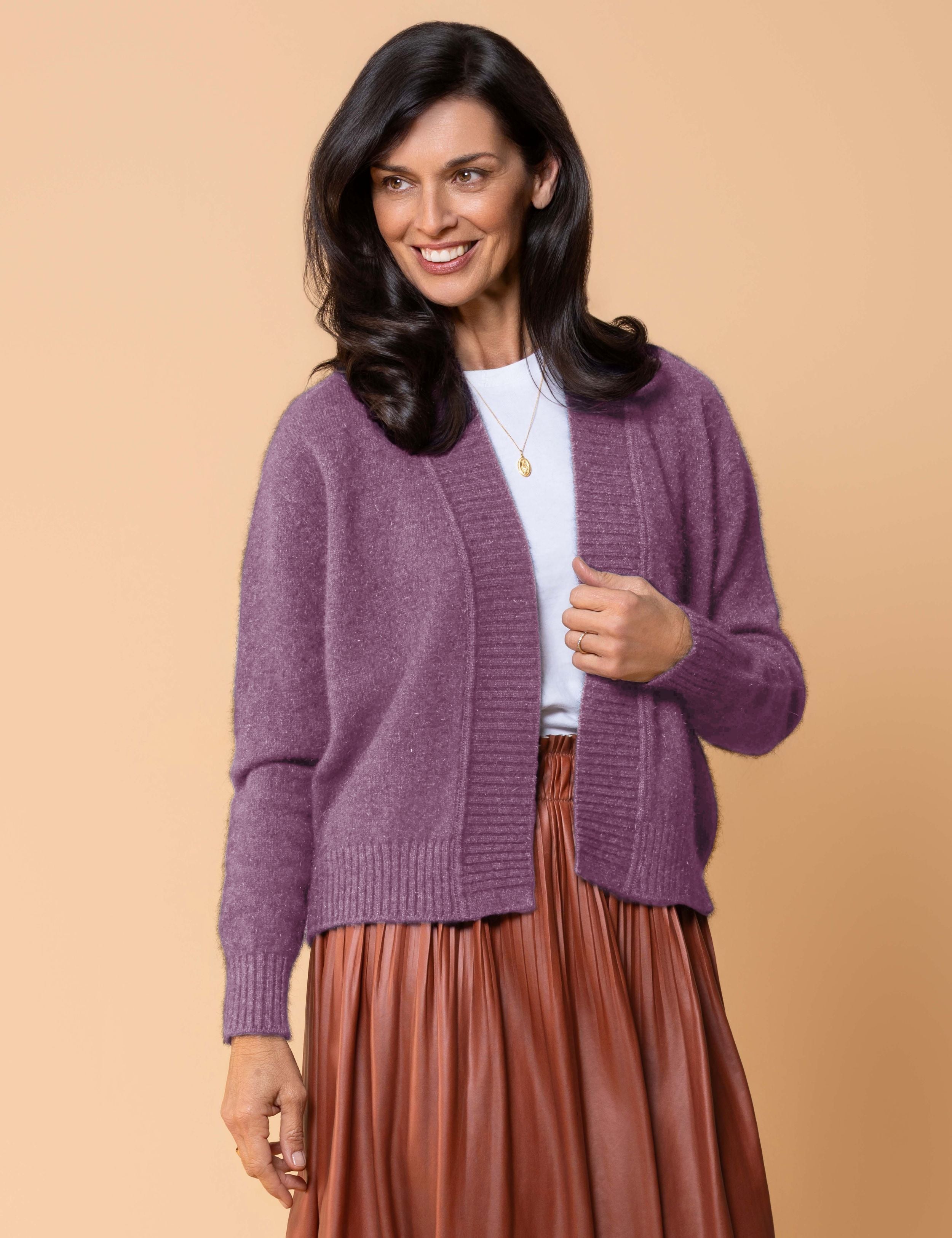 Classic button cardigan in soft possum merino blend with clean neckline and fitted shape