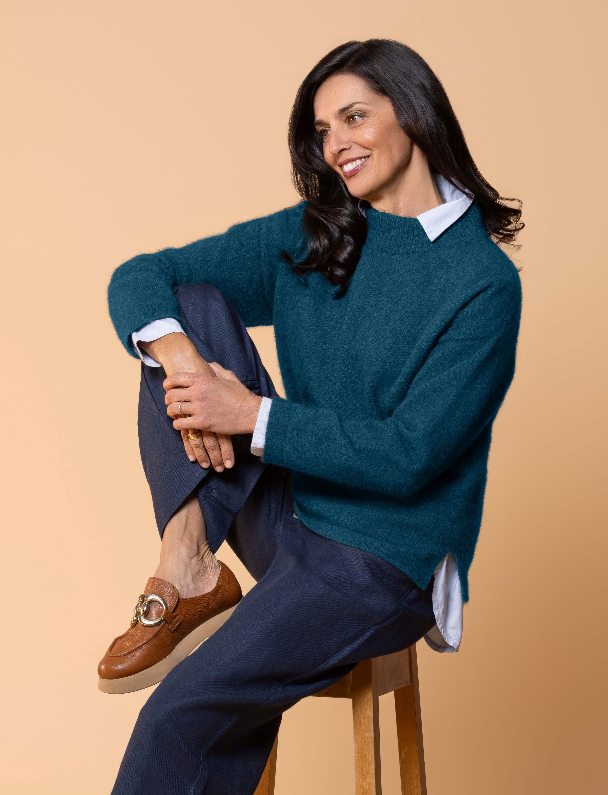 Classic crew sweater in possum merino blend with clean lines and soft texture