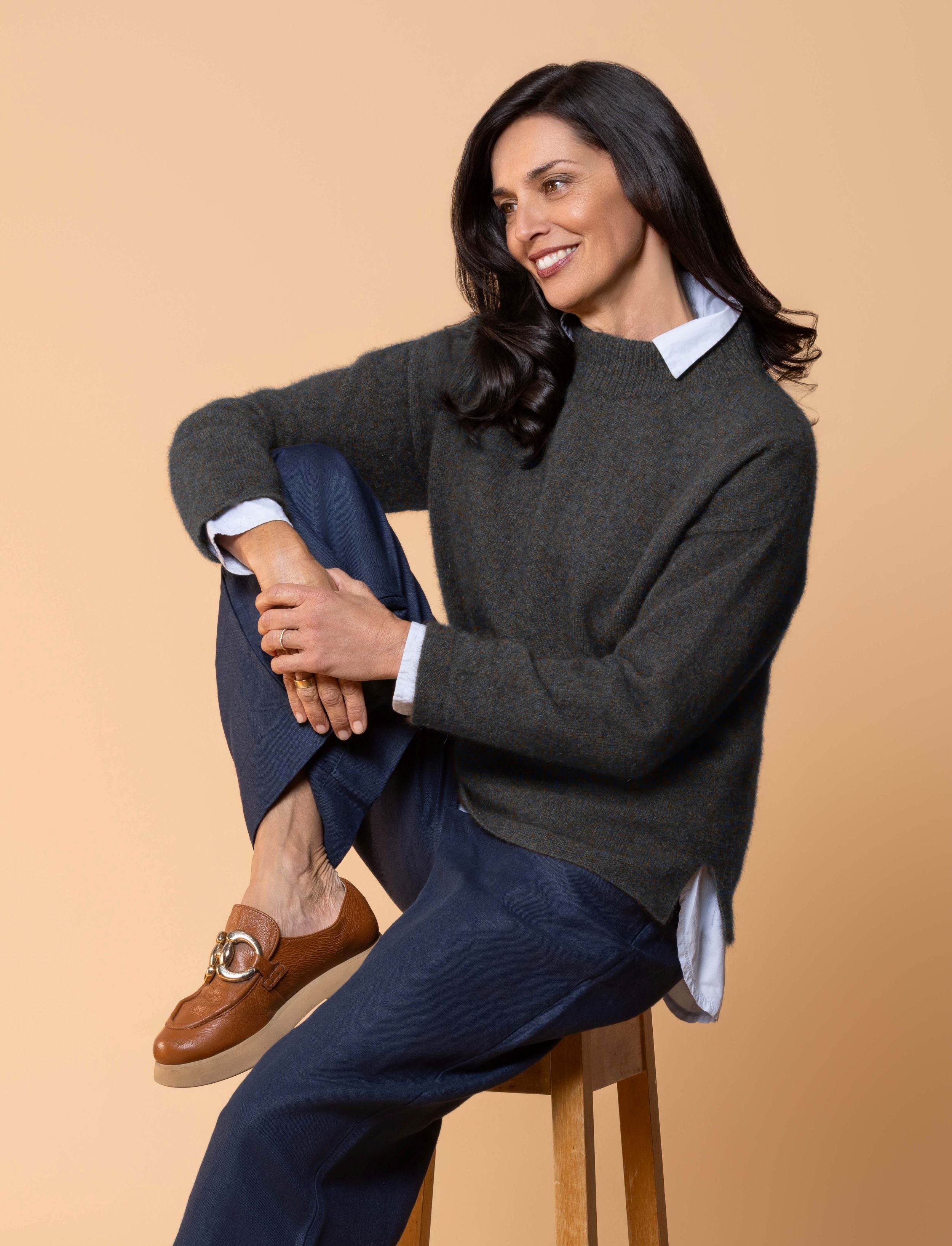 Classic crew sweater in possum merino blend with clean lines and soft texture