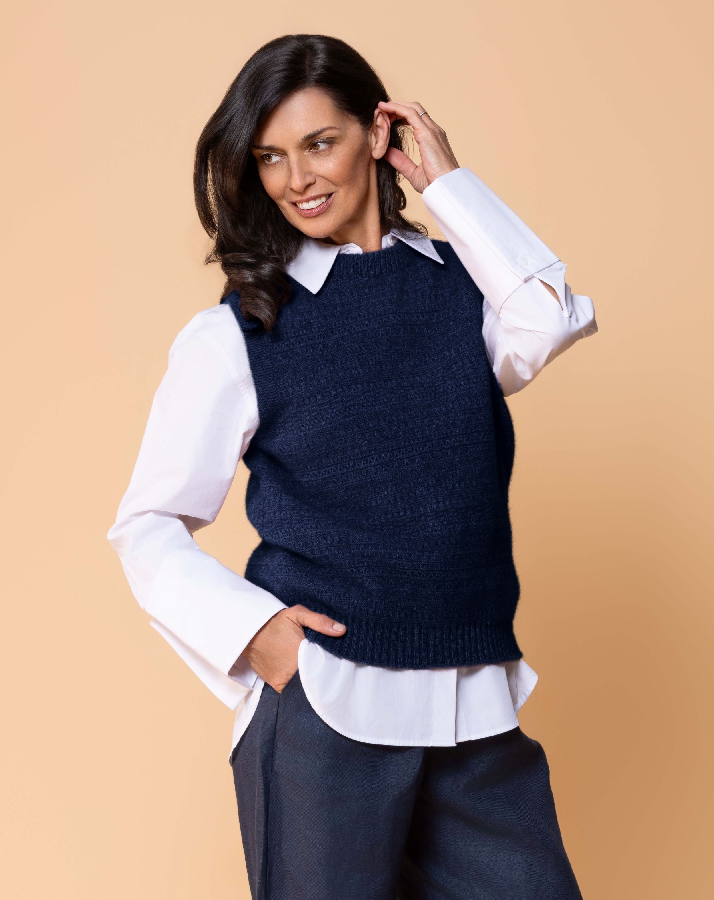 Lightweight sleeveless vest in possum merino blend for layering