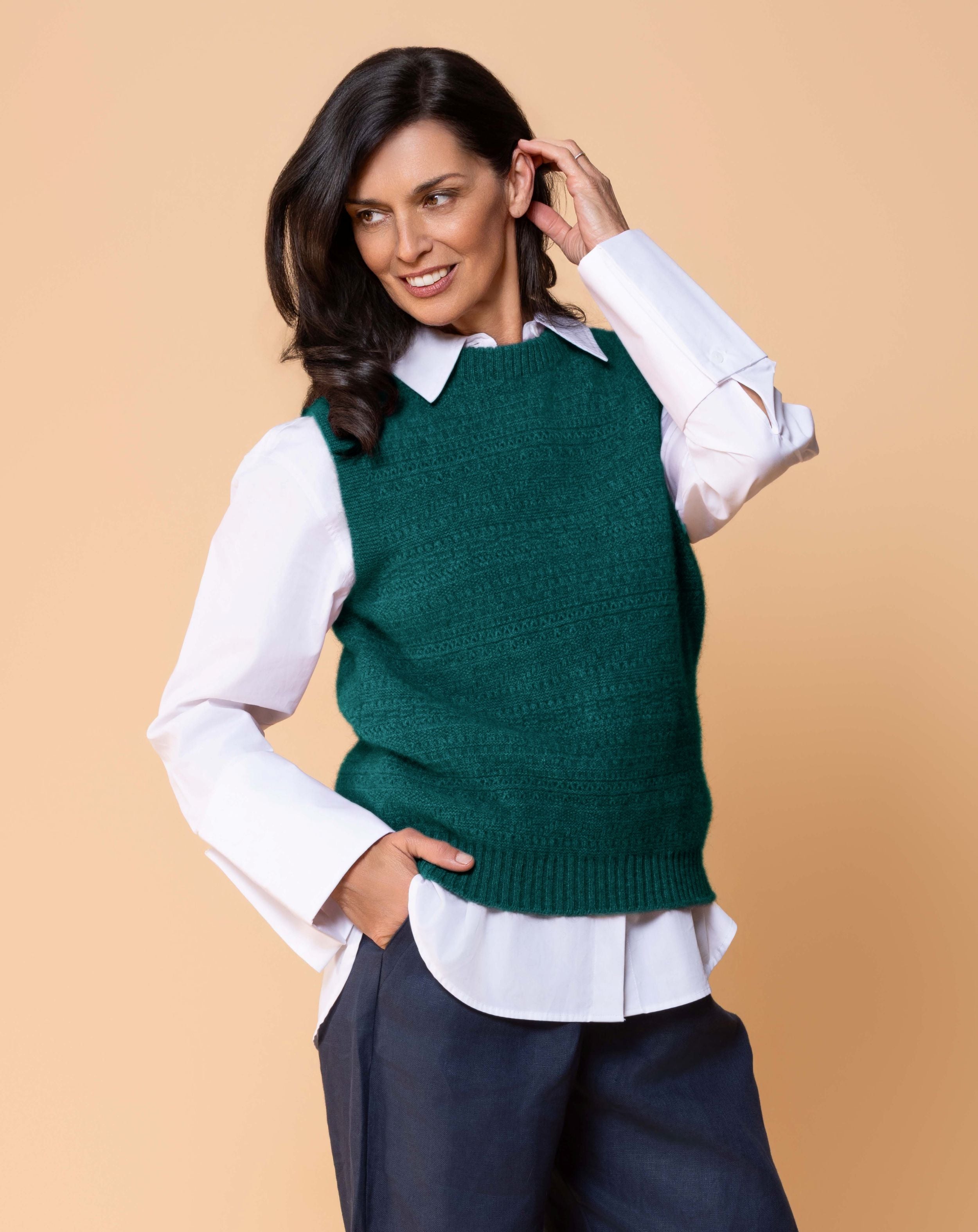 Lightweight sleeveless vest in possum merino blend for layering