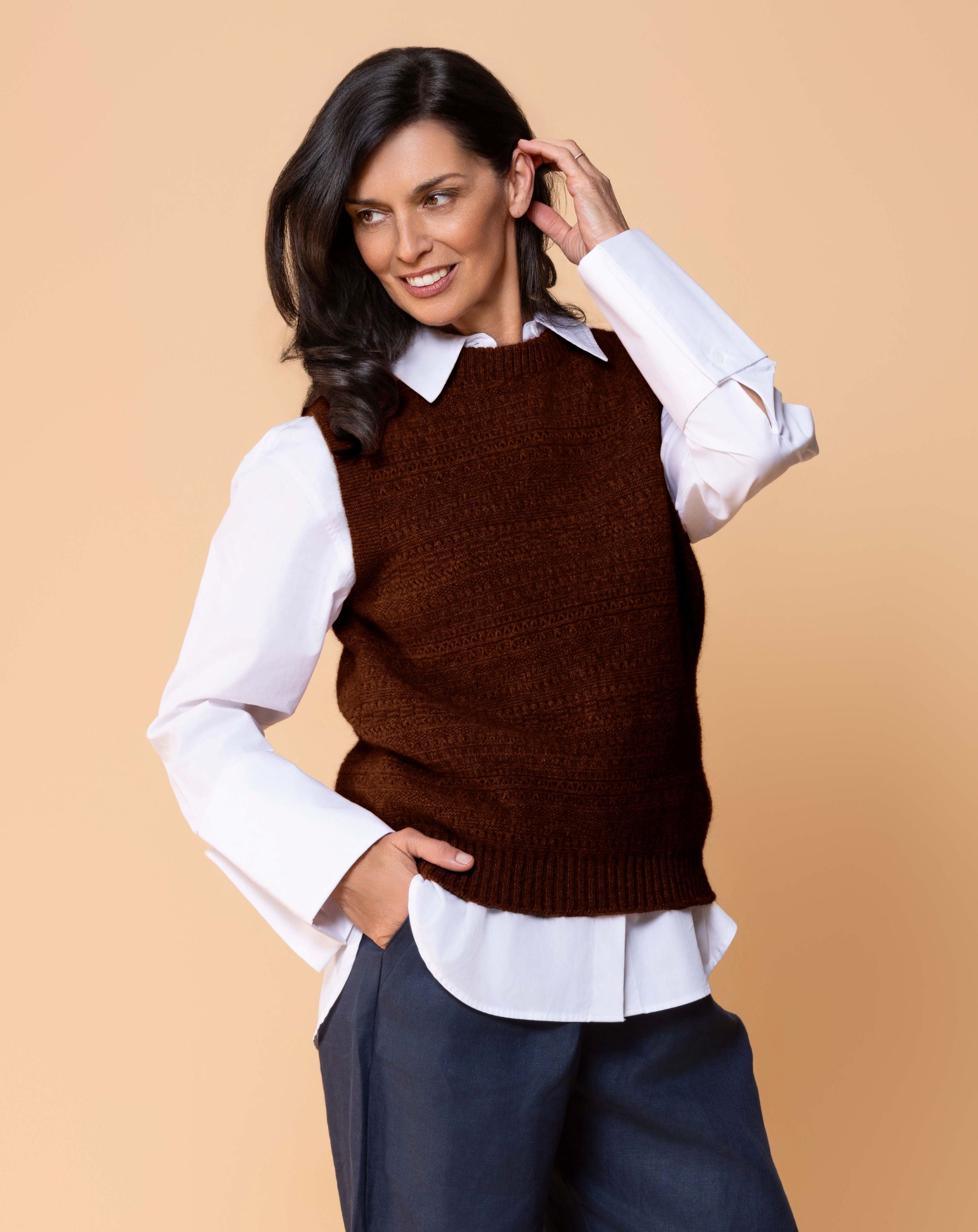 Lightweight sleeveless vest in possum merino blend for layering