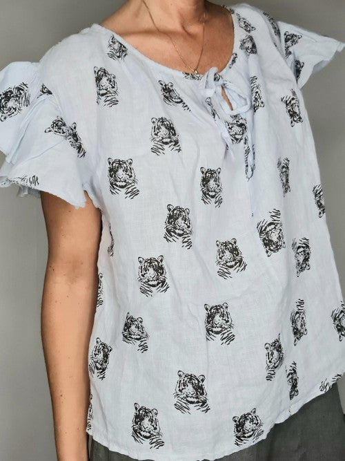 Linen Frilled Sleeve Top