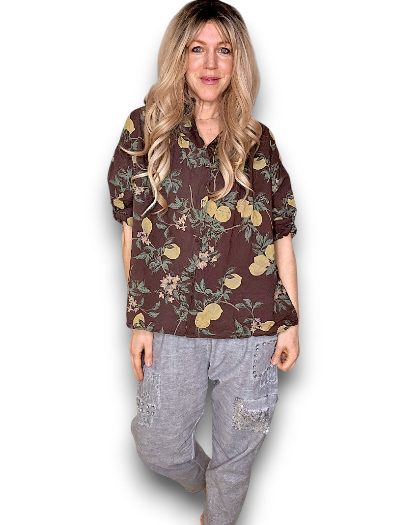 Helga May - Lemon Print Cotton Top - Dark Coffee