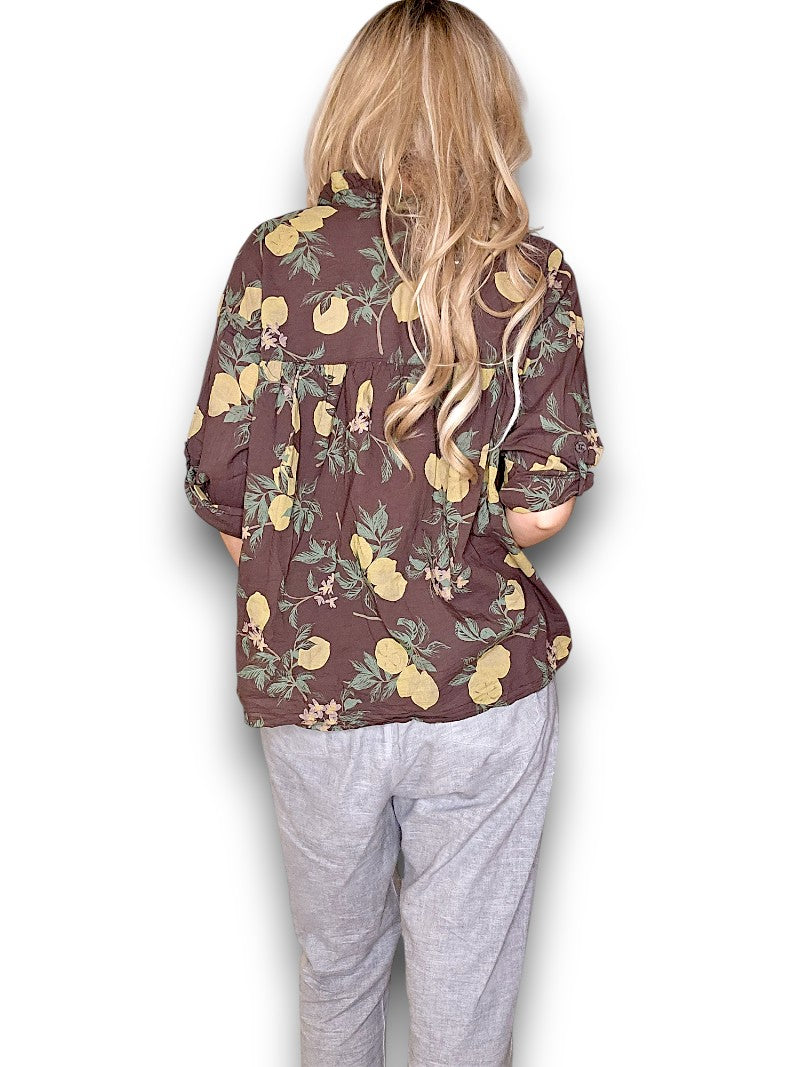 Helga May - Lemon Print Cotton Top - Dark Coffee