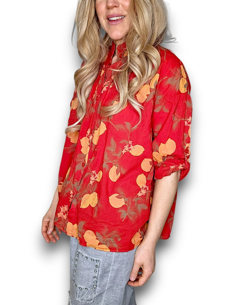 Helga May - Lemon Print Cotton Top - Red