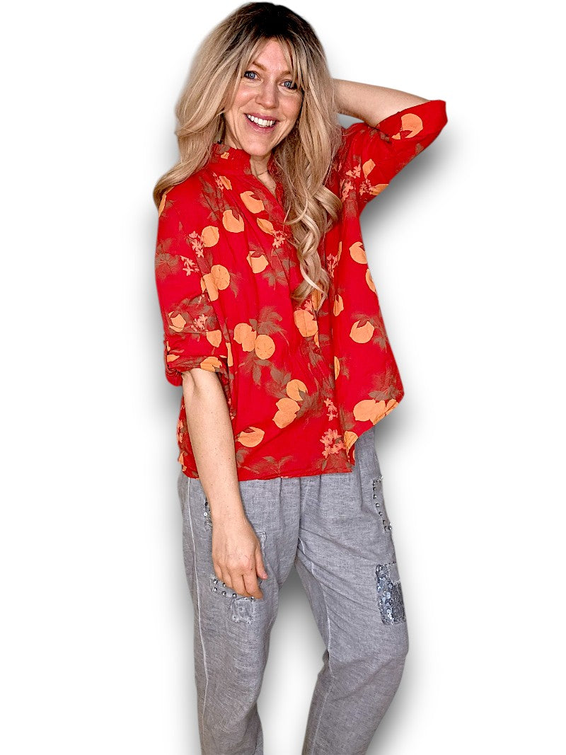 Helga May - Lemon Print Cotton Top - Red