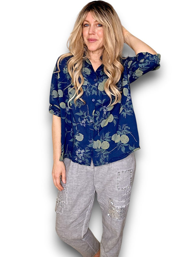 Helga May - Lemon Print Cotton Top - Navy