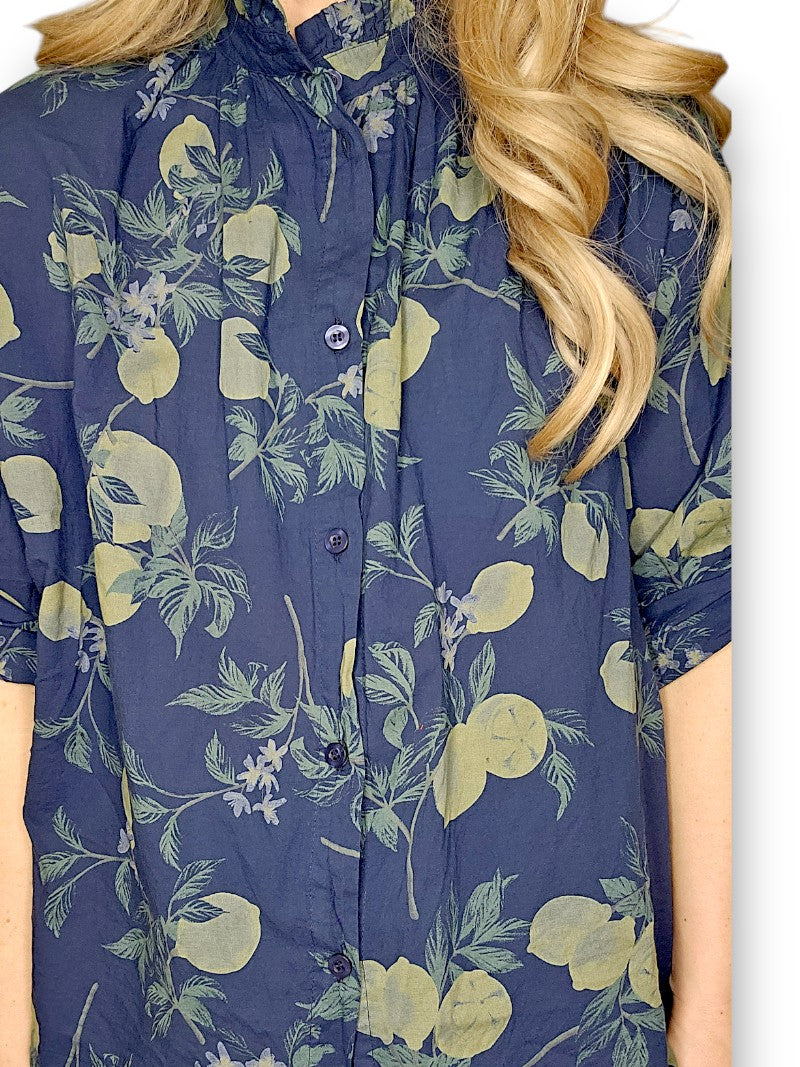 Helga May - Lemon Print Cotton Top - Navy