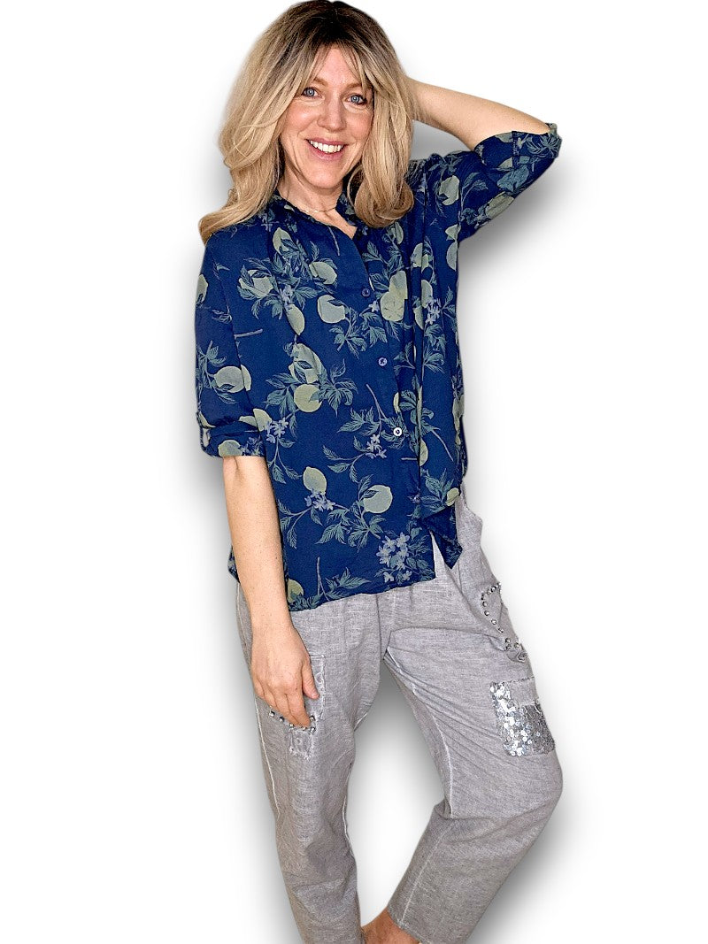 Helga May - Lemon Print Cotton Top - Navy