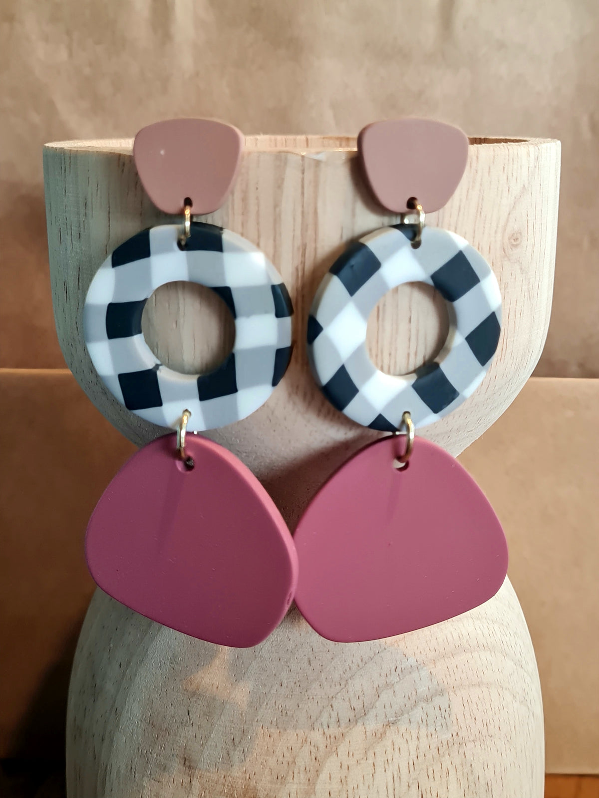 A Resin Earring Collection - Terracotta with Black & White Gingham