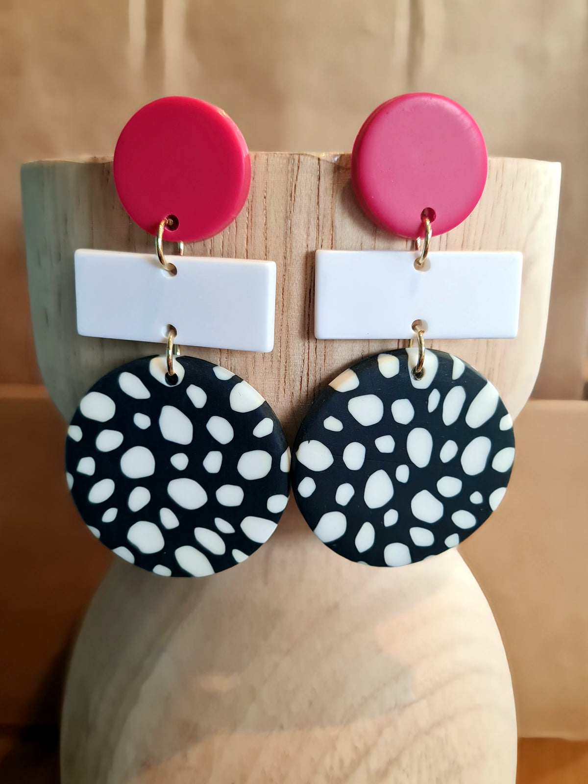 A Resin Earring Collection - Cerise with Black & White