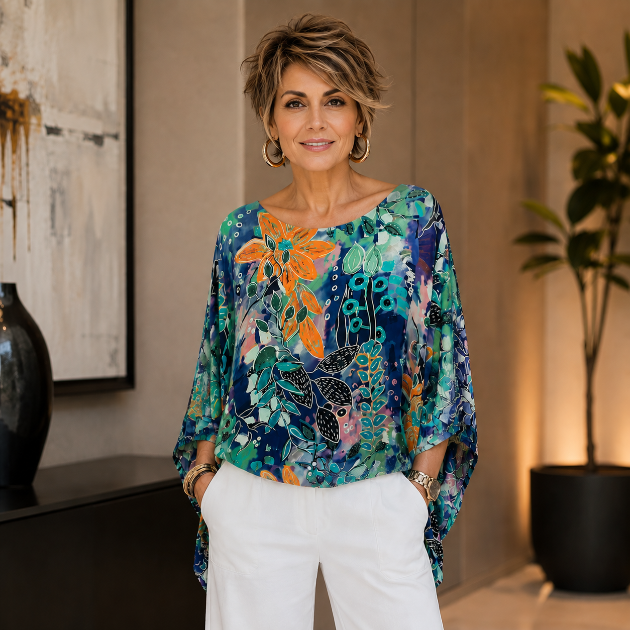 Vera May Italian silk top in blue with an artistic floral print, boat neckline, flowing 3/4-length sleeves and relaxed full-length box silhouette.