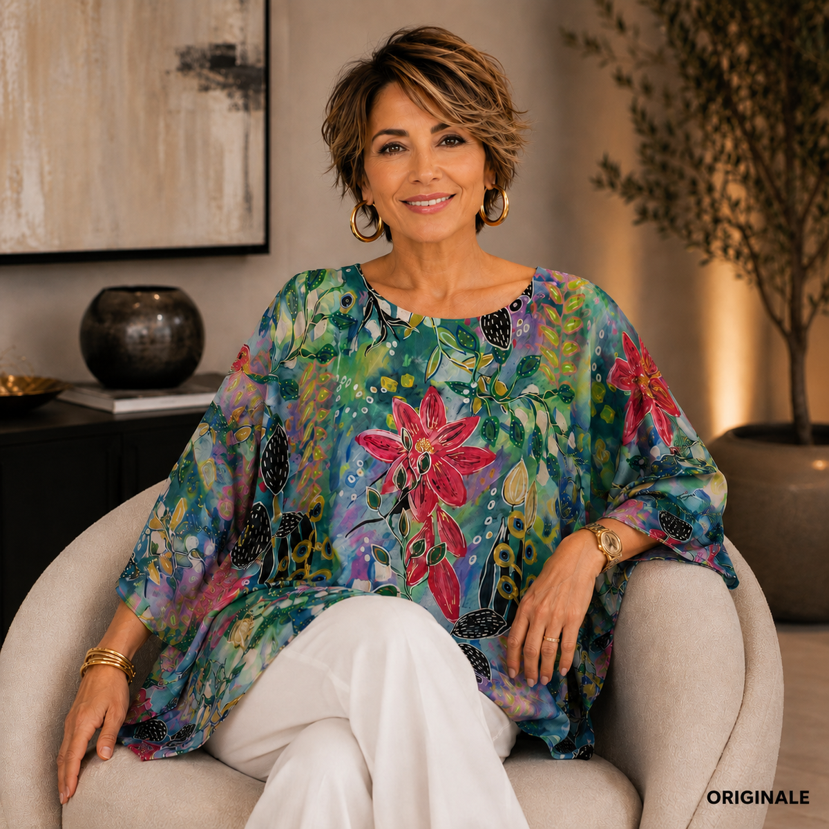 Vera May Italian silk top in Originale green with an artistic floral print, boat neckline, flowing 3/4-length sleeves and relaxed full-length box silhouette.