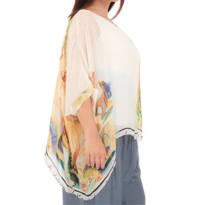 Vera May 100% Italian Silk top in Bianco white, relaxed square shape with drop shoulder and flowing sleeves.