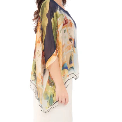 Vera May 100% Italian Silk top in navy, relaxed square shape with drop shoulder and flowing sleeves.