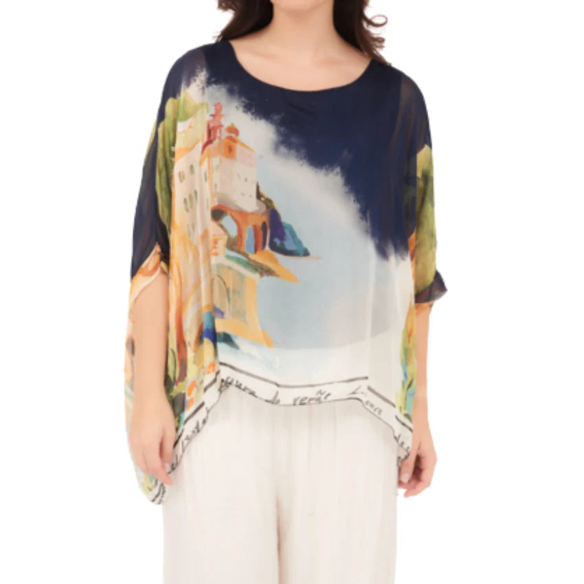 Vera May 100% Italian Silk top in navy, relaxed square shape with drop shoulder and flowing sleeves.