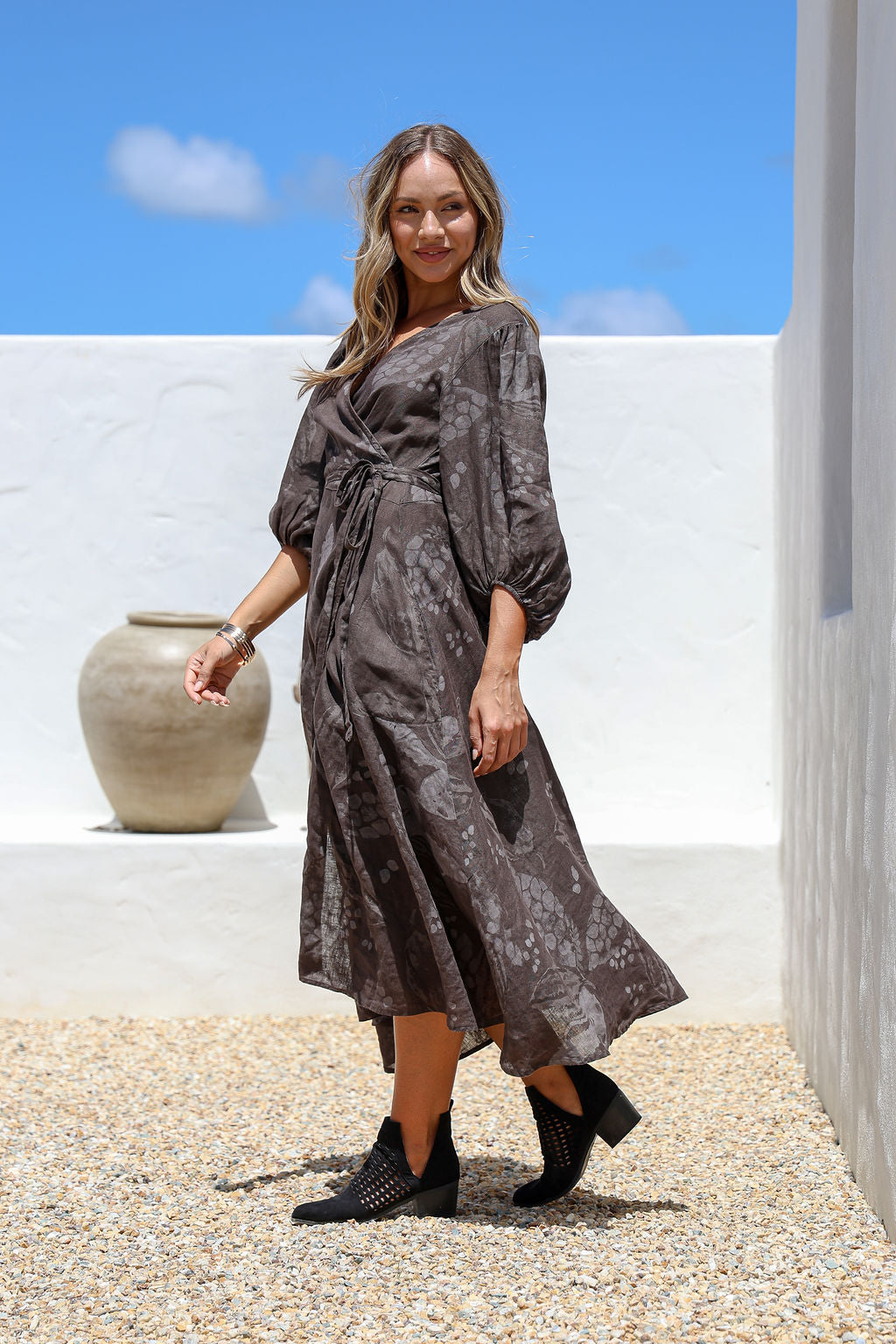 Chocolate leaf linen wrap dress with V neck, tie waist, midi length and balloon sleeves