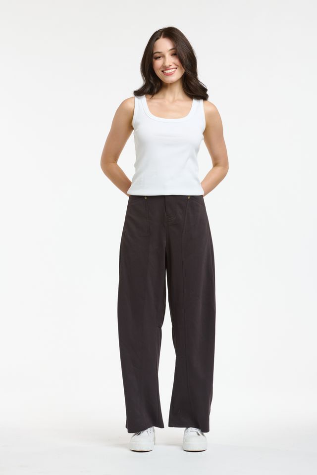 Italian Star PIMMS Pant in Morro, a rich chocolate plum shade, featuring a relaxed high-rise fit and on-trend wide-leg barrel silhouette. Made from a comfortable stretch cotton blend, these pants showcase a distinctive front pocket panel design, belt loops, zip fly, and cargo patch pockets at the back, creating a stylish yet casual aesthetic.