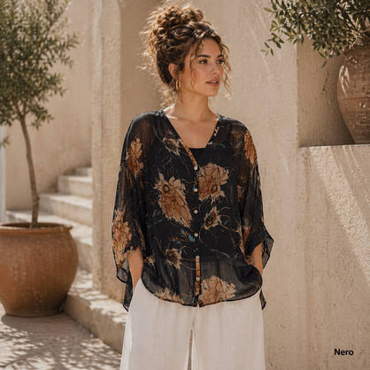 Vera May - Italian Silk Button Up Top in Nero