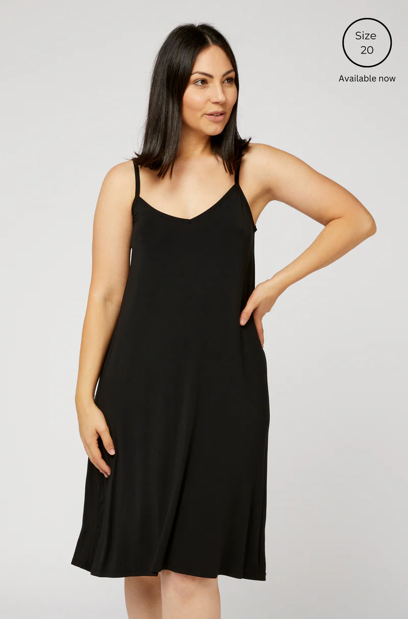 Black MicroModal long slip with V-neckline and adjustable straps, elegant layering piece