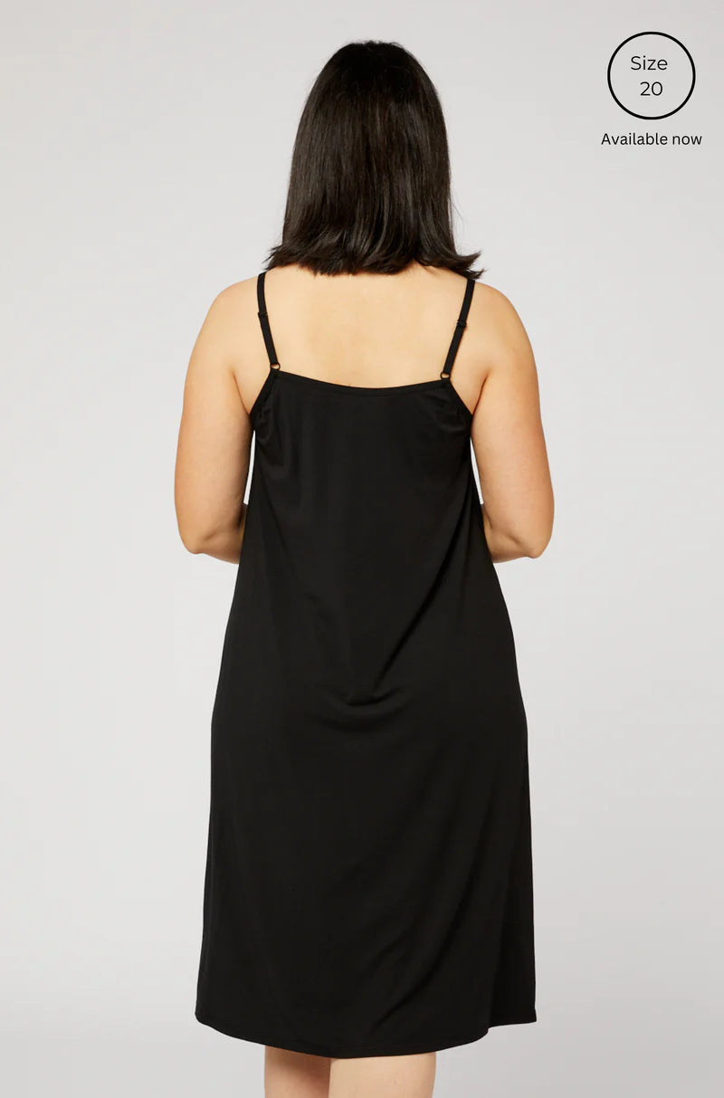 Black MicroModal long slip with V-neckline and adjustable straps, elegant layering piece