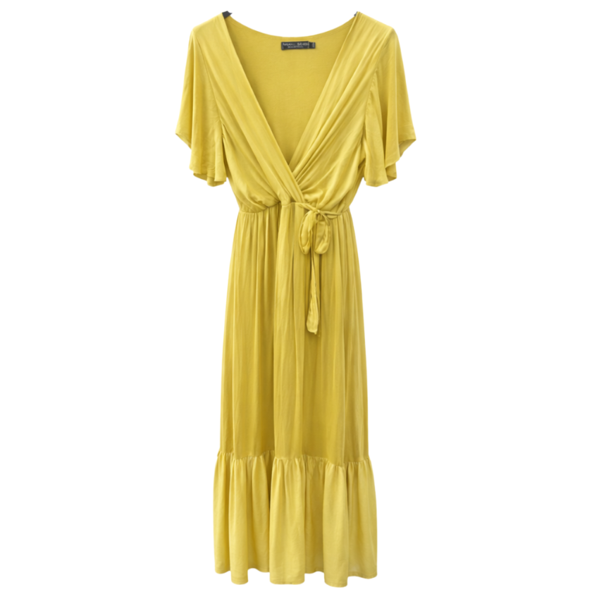 Vera May 6794 Italian silk dress in Olivastro, featuring a V neckline, tie waist, maxi-midi length and ruffle short sleeves.