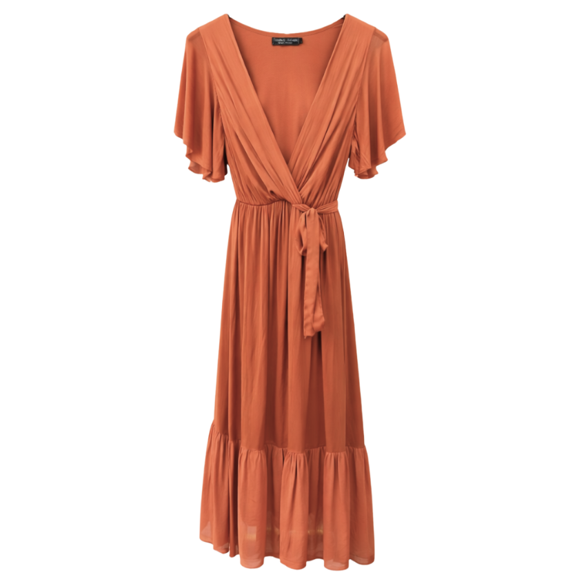 Vera May 6794 Italian silk dress in Terracotta, featuring a V neckline, tie waist, maxi-midi length and ruffle short sleeves.