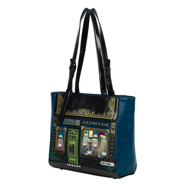 Vendula London Between the Covers Bookbinders shopper bag in vegan leather, featuring embossed vintage bookbinding-inspired artwork, hand-stitched details, two carry handles, a spacious zippered main compartment, internal pockets and an external zipped pocket.