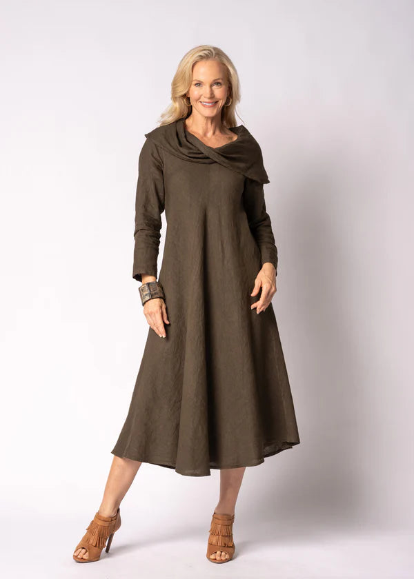 Moss green linen dress with airy feel, relaxed shape and easy everyday wear