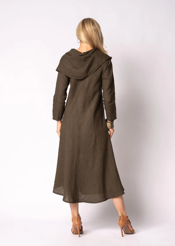 Moss green linen dress with airy feel, relaxed shape and easy everyday wear