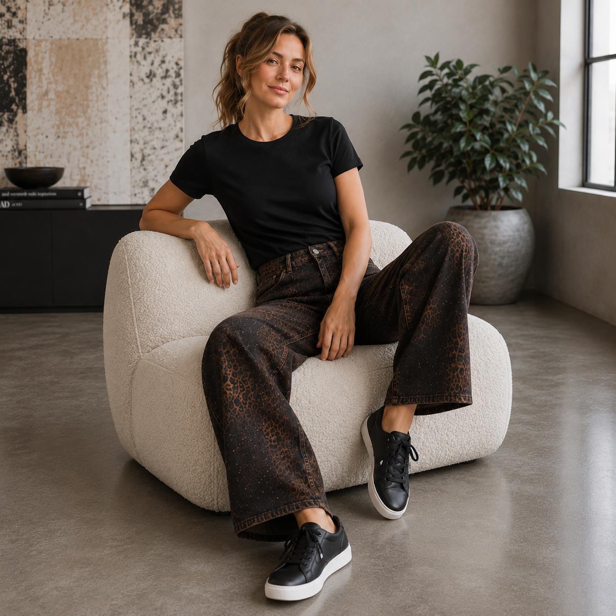 Vera May Italian denim jeans in a black denim wash with subtle leopard print and diamanté embellishments on the front, featuring a high-rise waist and full-length wide-leg silhouette.