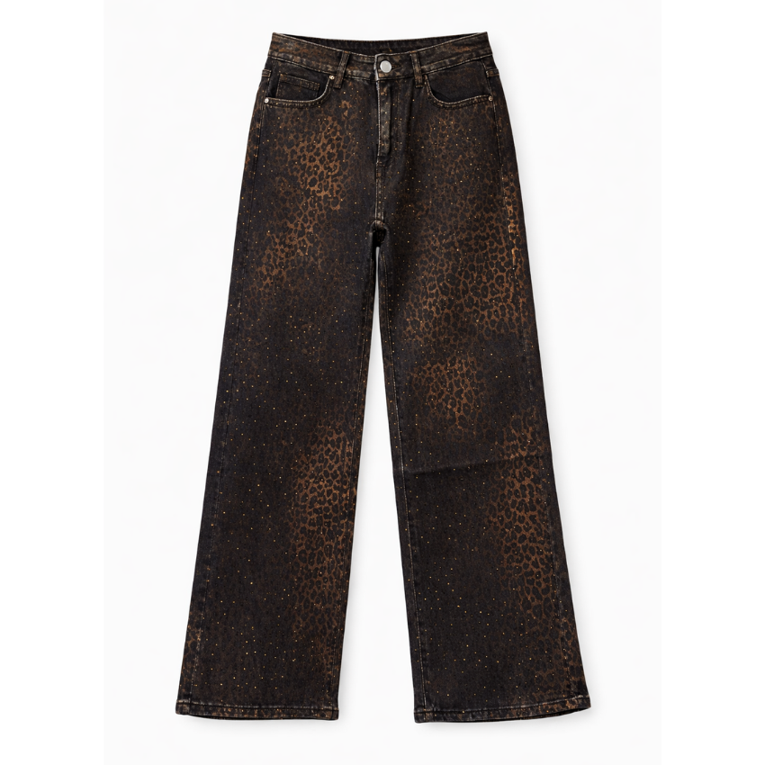 Vera May Italian denim jeans in a black denim wash with subtle leopard print and diamanté embellishments on the front, featuring a high-rise waist and full-length wide-leg silhouette.