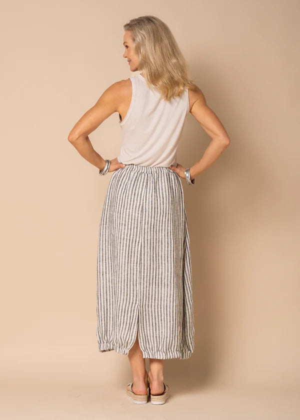 Granite grey linen cocoon skirt with white stripe detail, elasticated waistband and fully lined finish