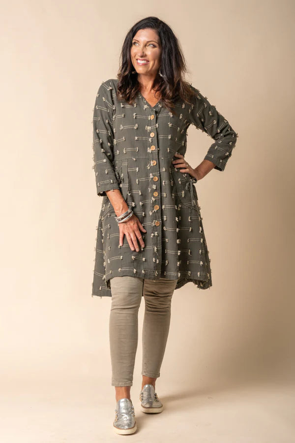 Cotton winter jacket with band collar, wood-look buttons, fringe detailing and adjustable drawstring back