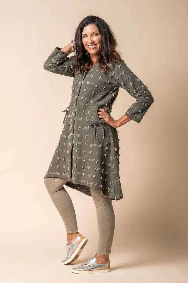 Cotton winter jacket with band collar, wood-look buttons, fringe detailing and adjustable drawstring back
