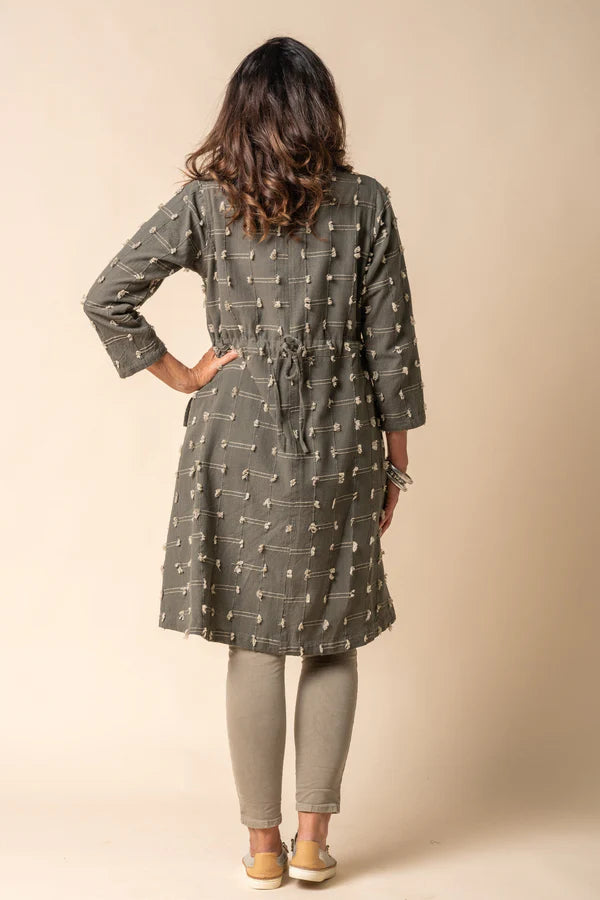 Cotton winter jacket with band collar, wood-look buttons, fringe detailing and adjustable drawstring back