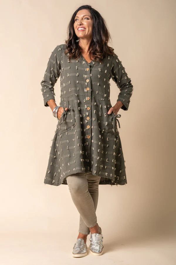 Cotton winter jacket with band collar, wood-look buttons, fringe detailing and adjustable drawstring back