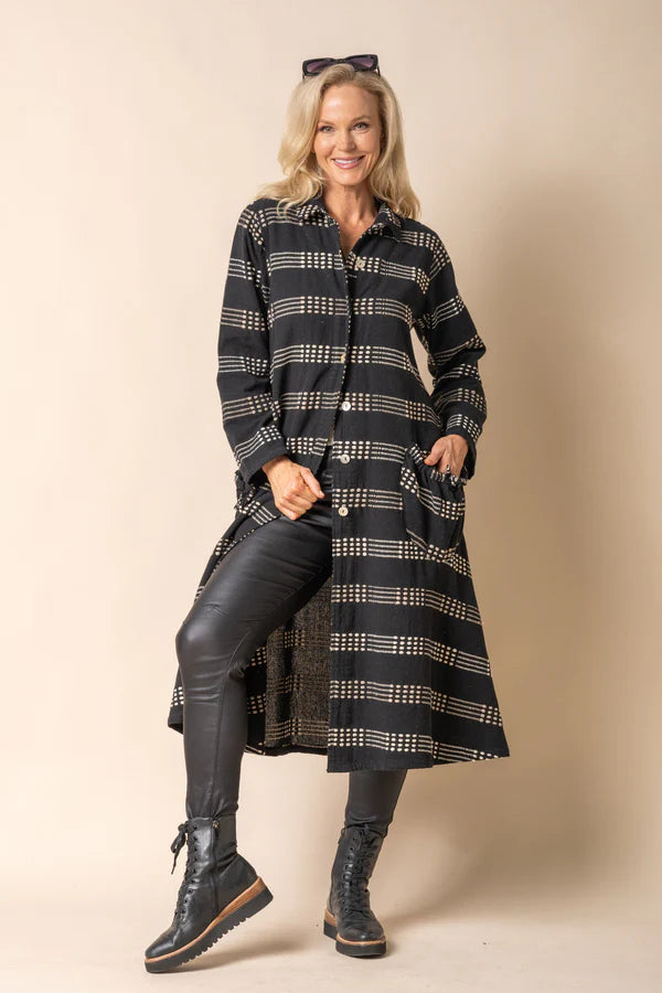 Black cotton longline jacket with collared neckline, button front, stitched detailing and relaxed fit