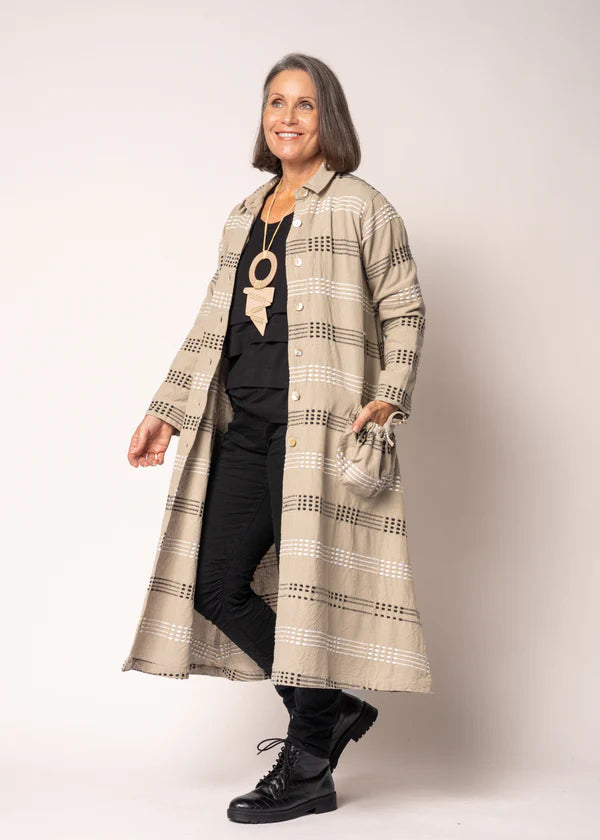 Latte cotton longline jacket with collared neckline, button front, stitched detailing and relaxed fit