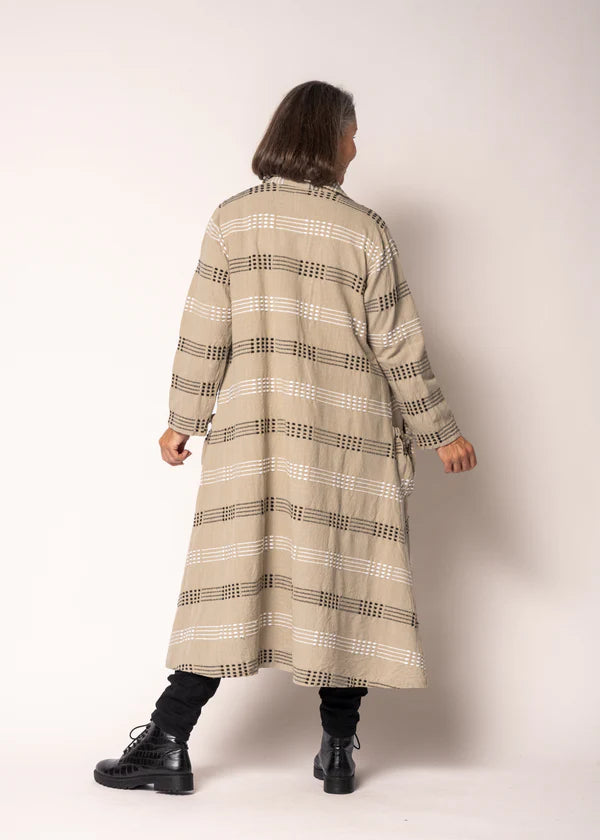 Latte cotton longline jacket with collared neckline, button front, stitched detailing and relaxed fit