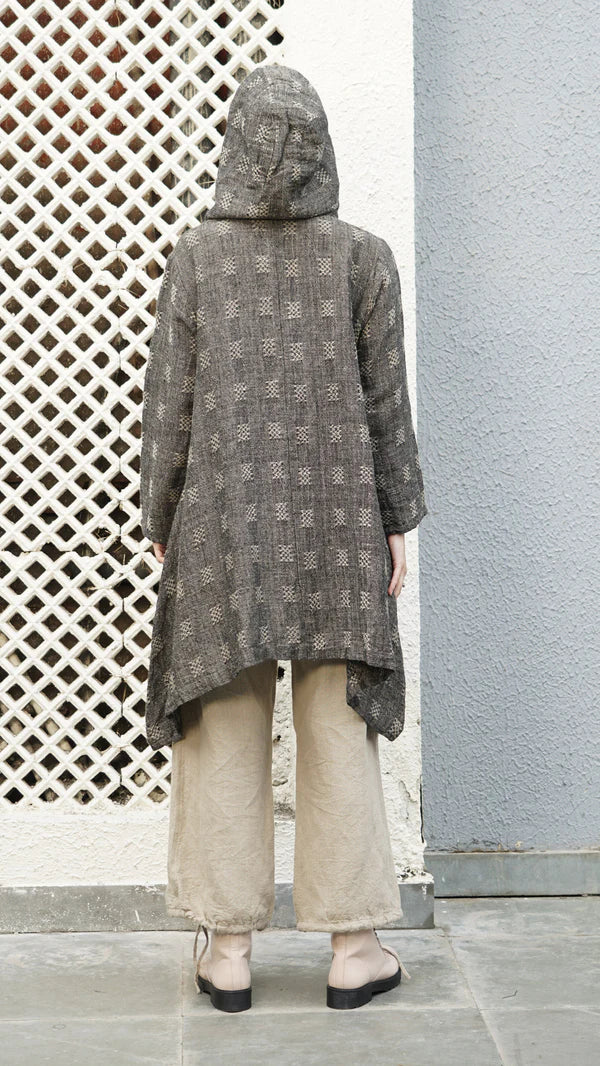 Black linen-cotton hooded jacket with button front, wood-look buttons and functional pockets