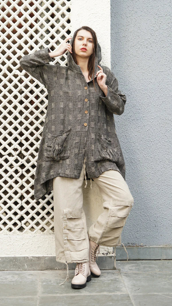 Black linen-cotton hooded jacket with button front, wood-look buttons and functional pockets
