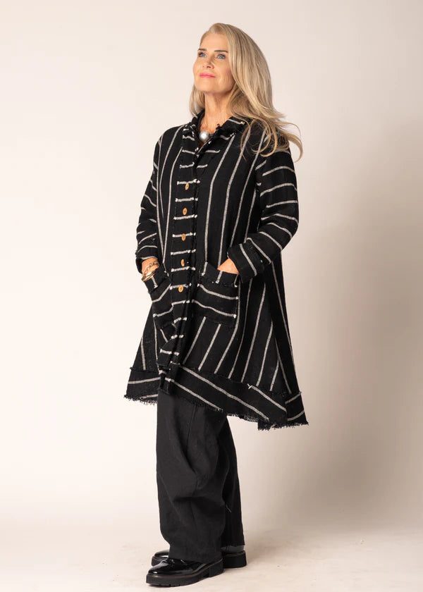 Black linen-cotton jacket with subtle stripe, button front, fringed hem and cuffs, and relaxed tailored fit