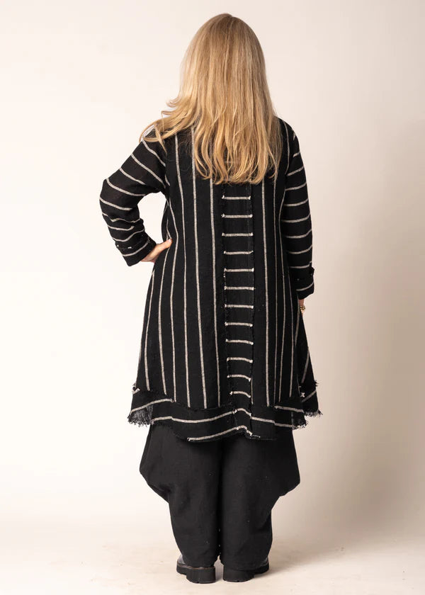 Black linen-cotton jacket with subtle stripe, button front, fringed hem and cuffs, and relaxed tailored fit