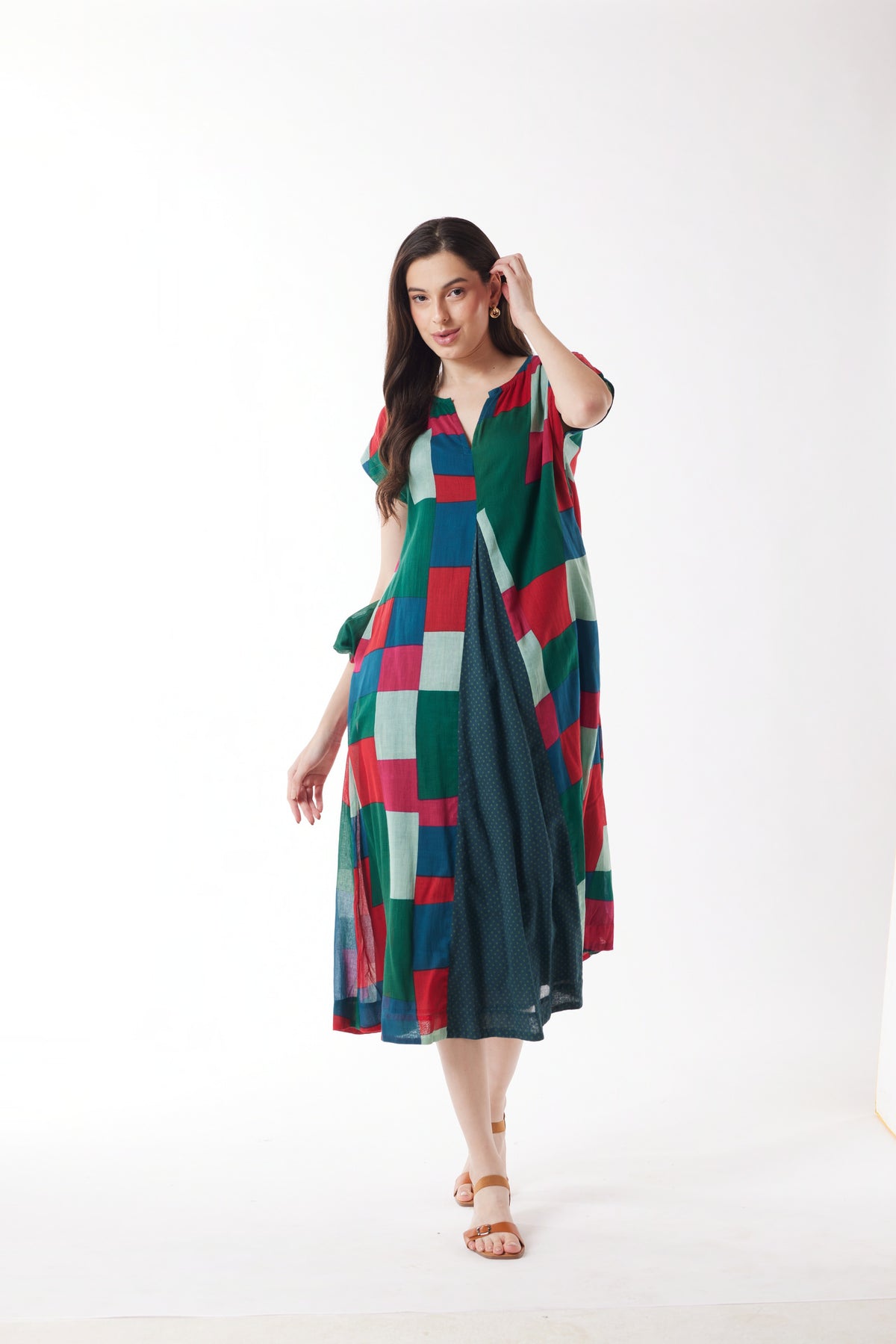 Au Hasard D'un Voyage - Jade Checks & Spots Midi Dress